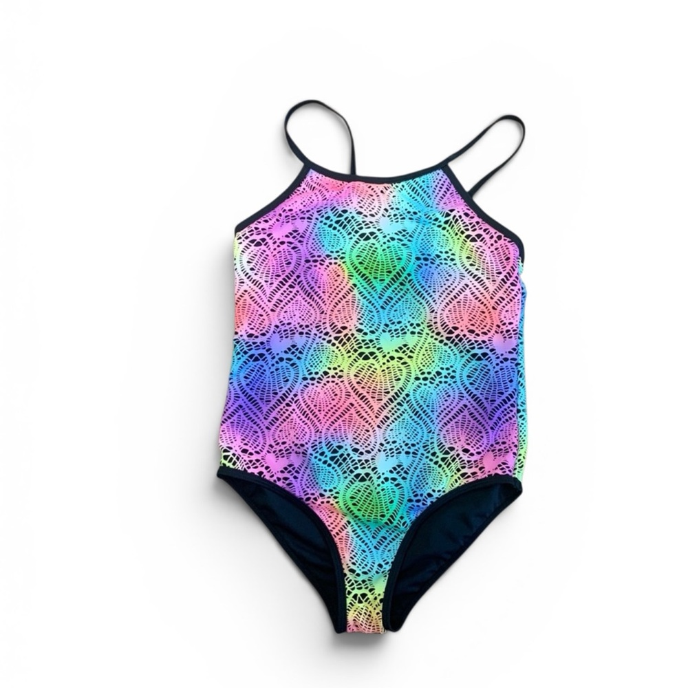 Limited Too Girls Rainbow Heart One Piece Swimsuit Size 10/12 Neon Colorful